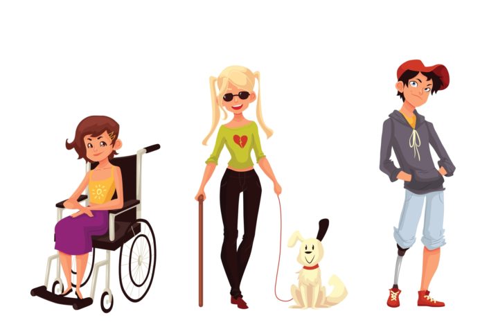Group of disabled children, cartoon illustration isolated on white background. Special needs, handicapped kids. Girl in wheelchair, blind girl with stick and assistance dog, boy with prostheses